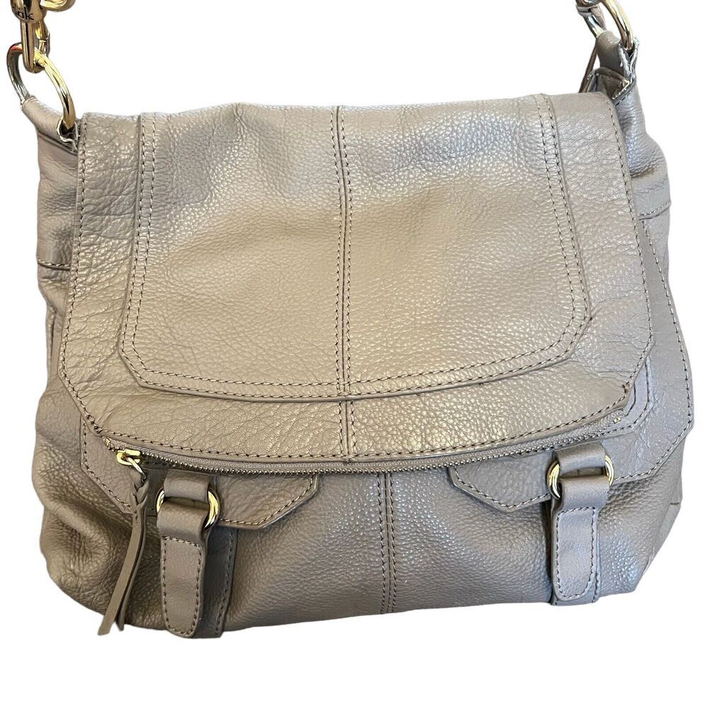 The SAK Taupe Gray Crossbody Pebbled Leather Satchel Fold Over Hobo Shoulder Bag